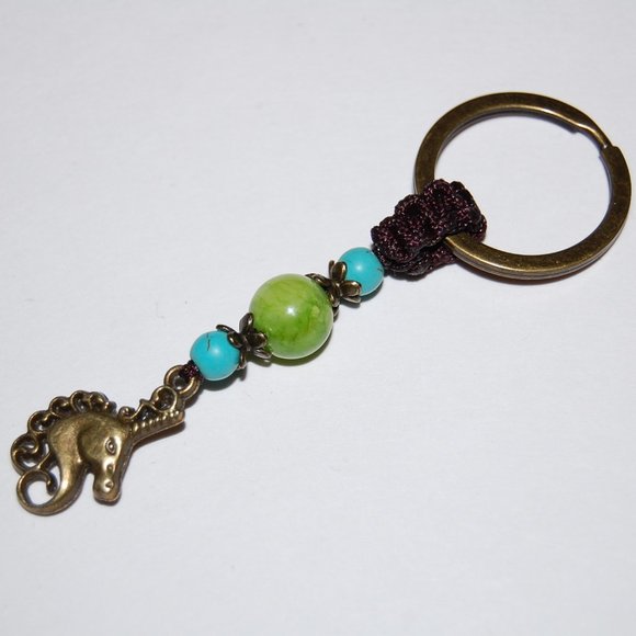 Unicorn Keychain,Unicorn and Stone Beaded Keychain,Bronze Unicorn Keyring - Picture 1 of 2